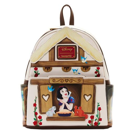 Mini backpack that looks like a cottage with Snow White leaning out of the window with a pie on the windowsill.